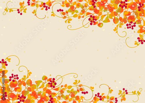 秋　つる植物　赤い実　黄葉　フレーム