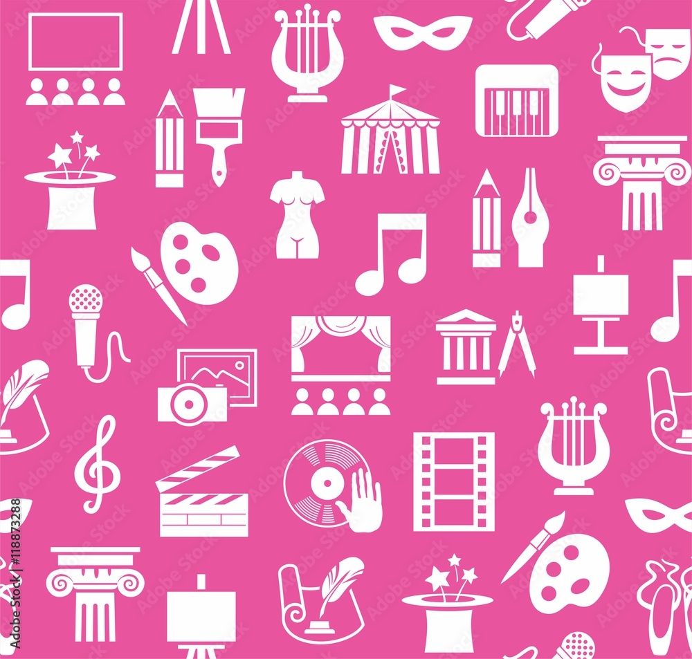 Art & culture, background, seamless, pink. Vector background with images of objects of culture, leisure and entertainment. White flat icons on pink background. Art & culture, background, seamless, pink. Vector background with images of objects of culture, leisure and entertainment. White flat icons on pink background.