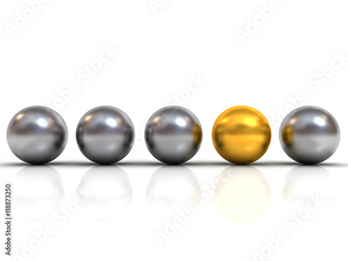 Gold sphere ball among silver sphere balls stand out from the crowd concept isolated on white background with shadow and reflection 3D rendering