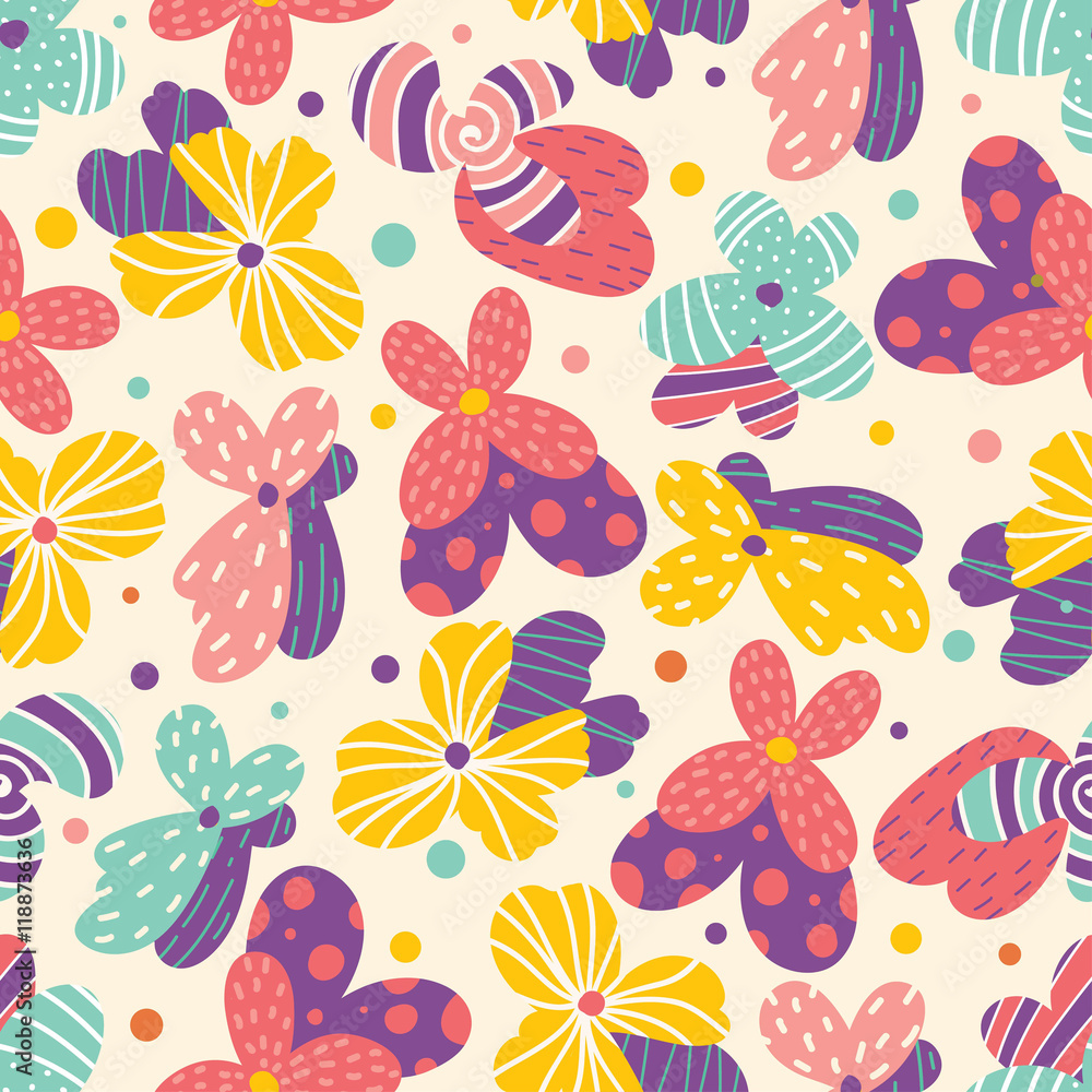 Summer flowers. Pansy flowers. Vector seamless pattern.