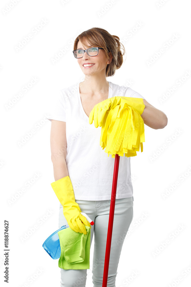 Housekeeper woman is starting to clean the house Housekeeper woman is starting to clean the house