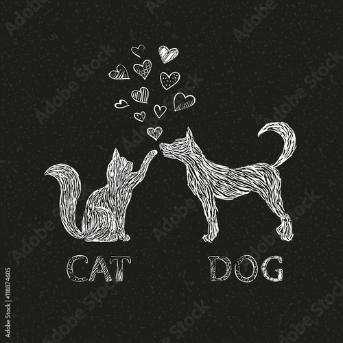 Cat and dog - image on black background. Vector.
