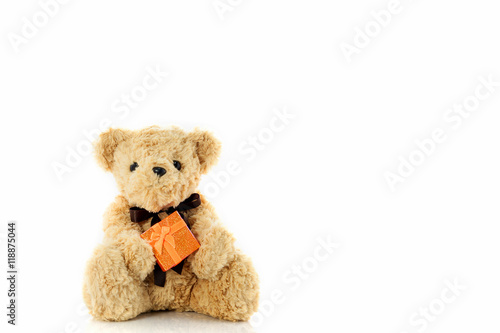 Teddy bear holding gift box isolated on white background,with co