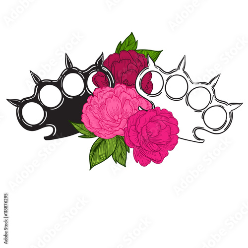 brass knuckles in roses. Old school tatoo style with weapon. vector illustration.