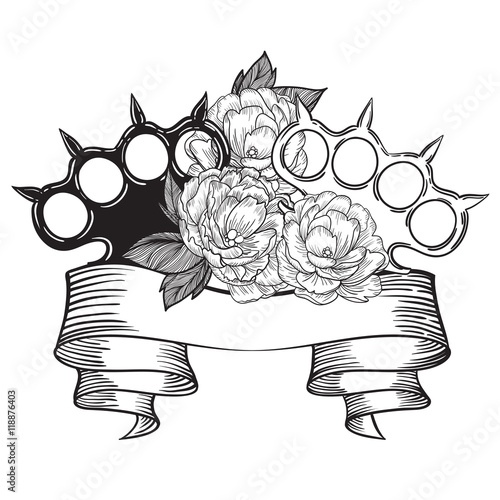 brass knuckles in roses. Old school tatoo style with weapon. vector illustration.