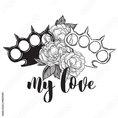 brass knuckles in roses. Old school tatoo style with weapon. vector illustration. the inscription can be replaced