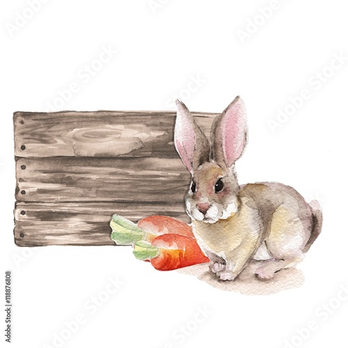 Rabbit and wooden sign. Watercolor illustration. Isolated on white background