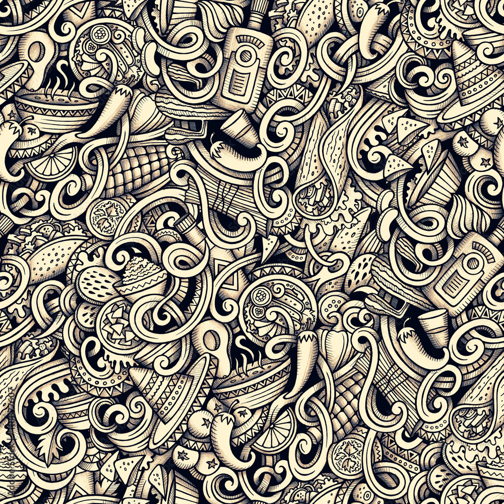 Fototapeta premium Cartoon hand drawn mexican food doodles graphics seamless patter