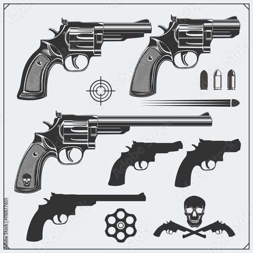 Collection of Guns. Revolvers, Bullets and target.