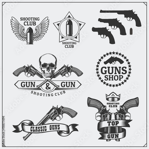 Collection of Gun club emblems, labels and design elements. Revolvers, bullets and target.