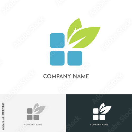 Nature logo - blue bricks and fresh green leaves on the white background