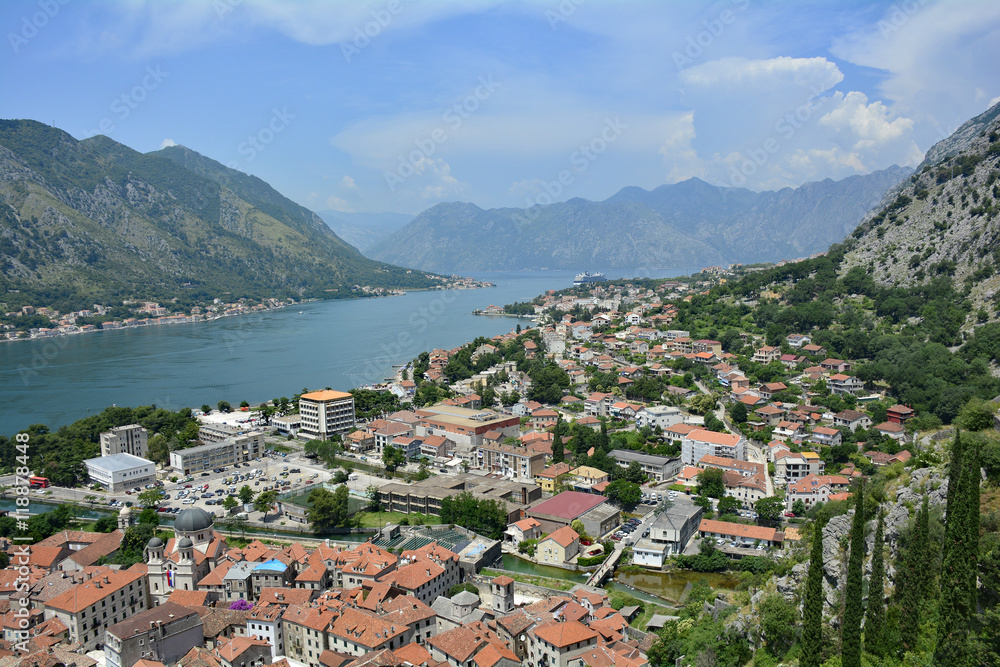 The historic town of Kotor in Montenegro as viewed from the hill above the town.
