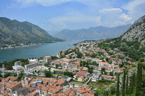 The historic town of Kotor in Montenegro as viewed from the hill above the town.   © dragoncello
