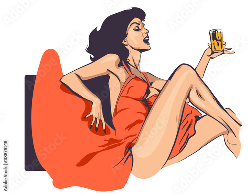 Woman drinks shot vodka retro styled vector image