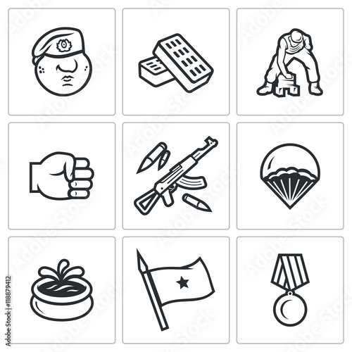 Vector Set of Russia Airborne troops Icons. Soldier, Beret, Bricks, Workout, Punch, Weapon, Landing, Fountain, Flag, Award.