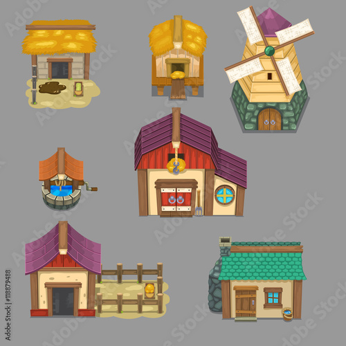 set of rural buildings Create your own cartoon farm. game assets