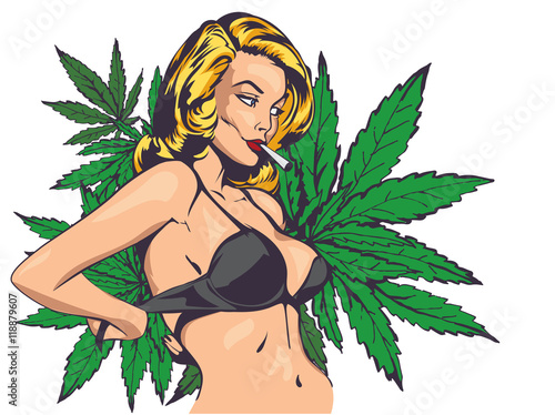 Smoking lady undressed, take off bra. The marijuana leafs on the background, vector image