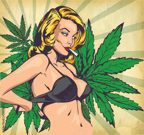 Smoking lady undressed, take off bra. The marijuana leafs on the background, vector image