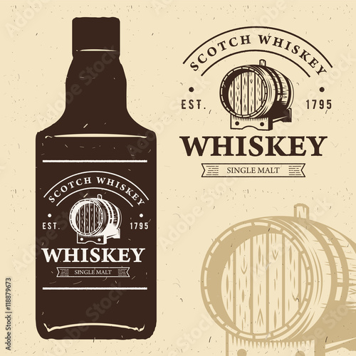 typography monochrome vintage label with bottle silhouette. Scotch whiskey logo. Oak whiskey barrel illustration. Retro style design.