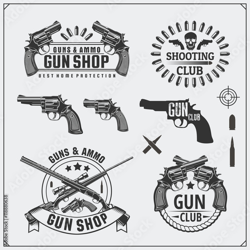 Collection of Gun club emblems, labels and design elements. Revolvers, shotguns, rifles bullets and target.