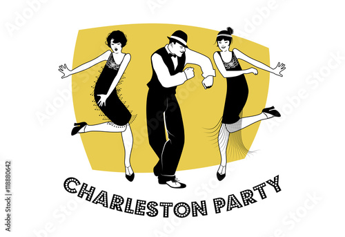 Charleston Party. Man and funny girls dancing charleston