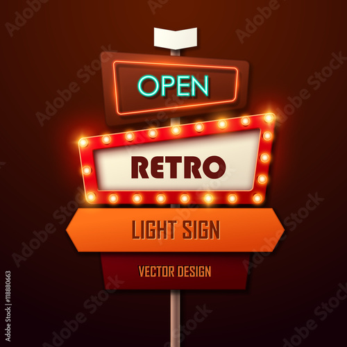 Retro light sign. Vintage style banner. Vector illustration.