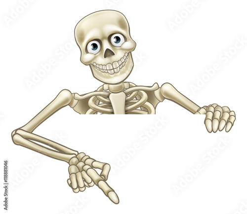 Cartoon Skeleton Pointing at Sign