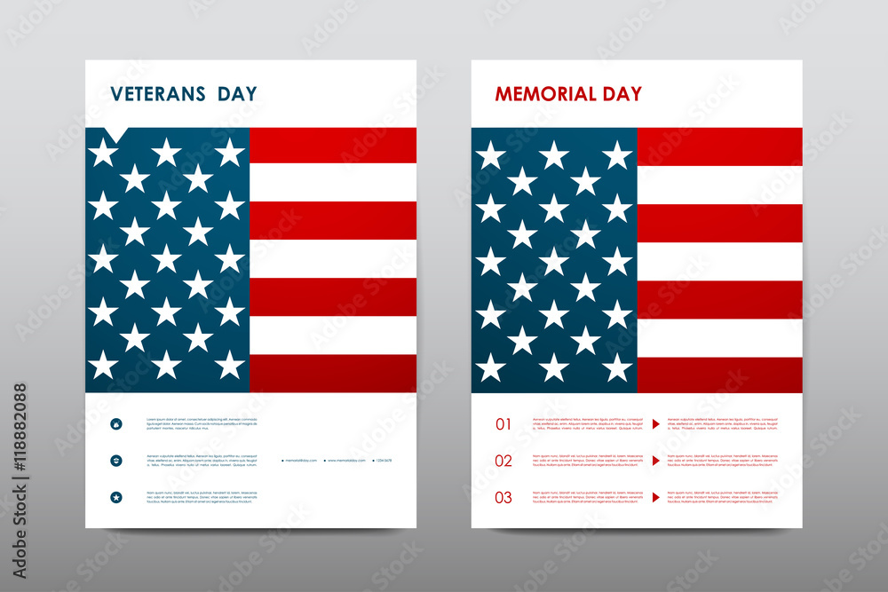Set of Veterans Day brochure, poster templates in USA flag style. Beautiful design and layout