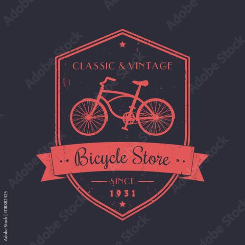 Bicycle store, vintage emblem, badge design with retro bike, red on dark