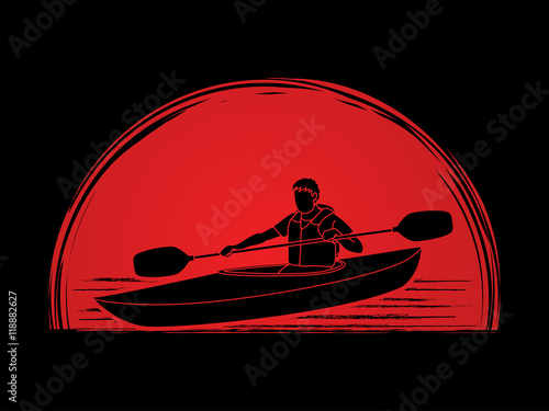 A man kayaking designed on sunrise background graphic vector.