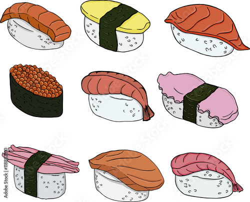 Set of nigiri sushi isolated on white background. Hand drawn vector illustration.