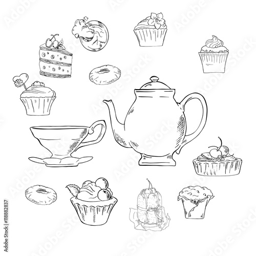 Set of teapot, teacup and collection of sweet bakery on white background. Cartoon sketch drawn by ink. Hand drawn vector illustration.