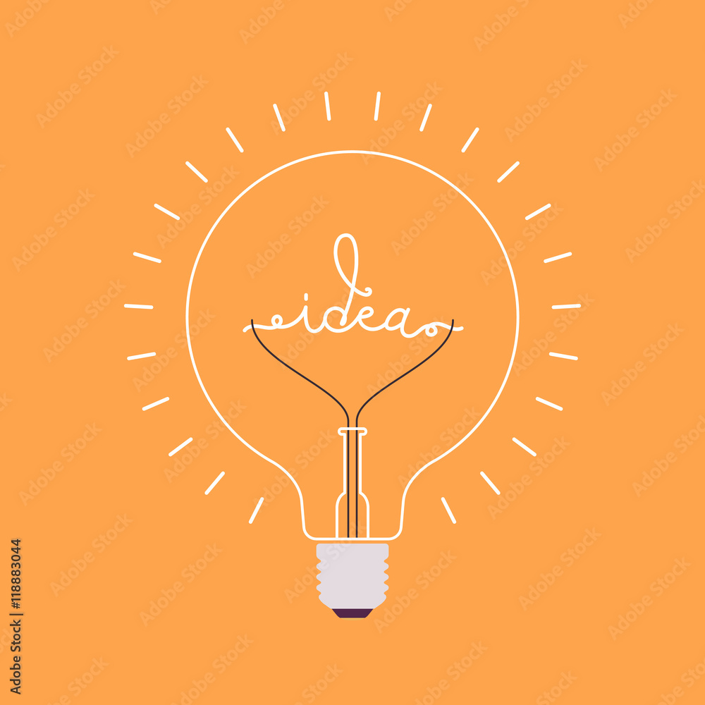 Shining light bulb with a word Idea from the metal wire inside. Orange  background. Consept cartoon flat-style illustration Stock Vector | Adobe  Stock