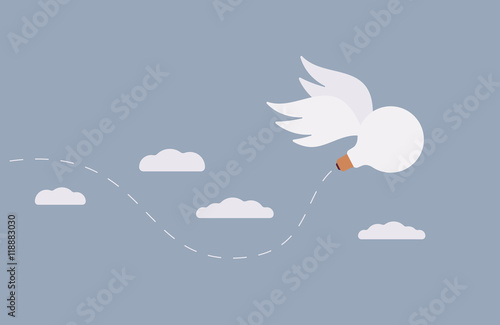 An idea, a bulb with wings is flying away in the sky. Cartoon vector flat-style concept illustration