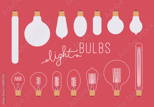 Set of retro unlit and lit light bulbs aganst crimson background. Cartoon vector flat-style illustration