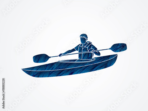 A man kayaking designed using blue grunge brush graphic vector.