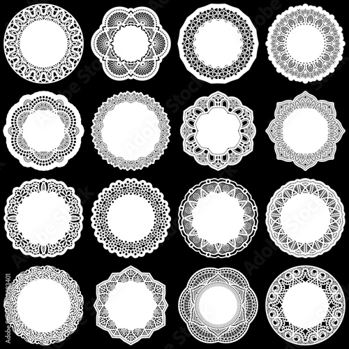 Large set of design elements, lace round paper doily, doily to decorate the cake, template for cutting, greeting element, laser cut; vector illustrations