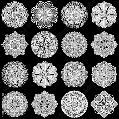 Large set of design elements, lace round paper doily, doily to decorate the cake, template for cutting, greeting element, snowflake, laser cut; vector illustrations