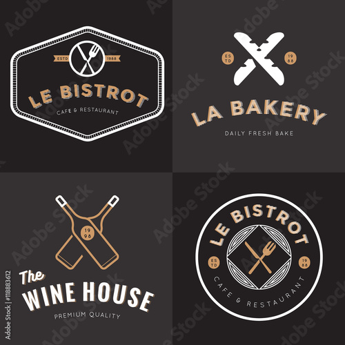 Set of badges, banner, labels and logos for french food restaurant, foods shop, bakery, wine and catering. Design Elements. Vector illustration.