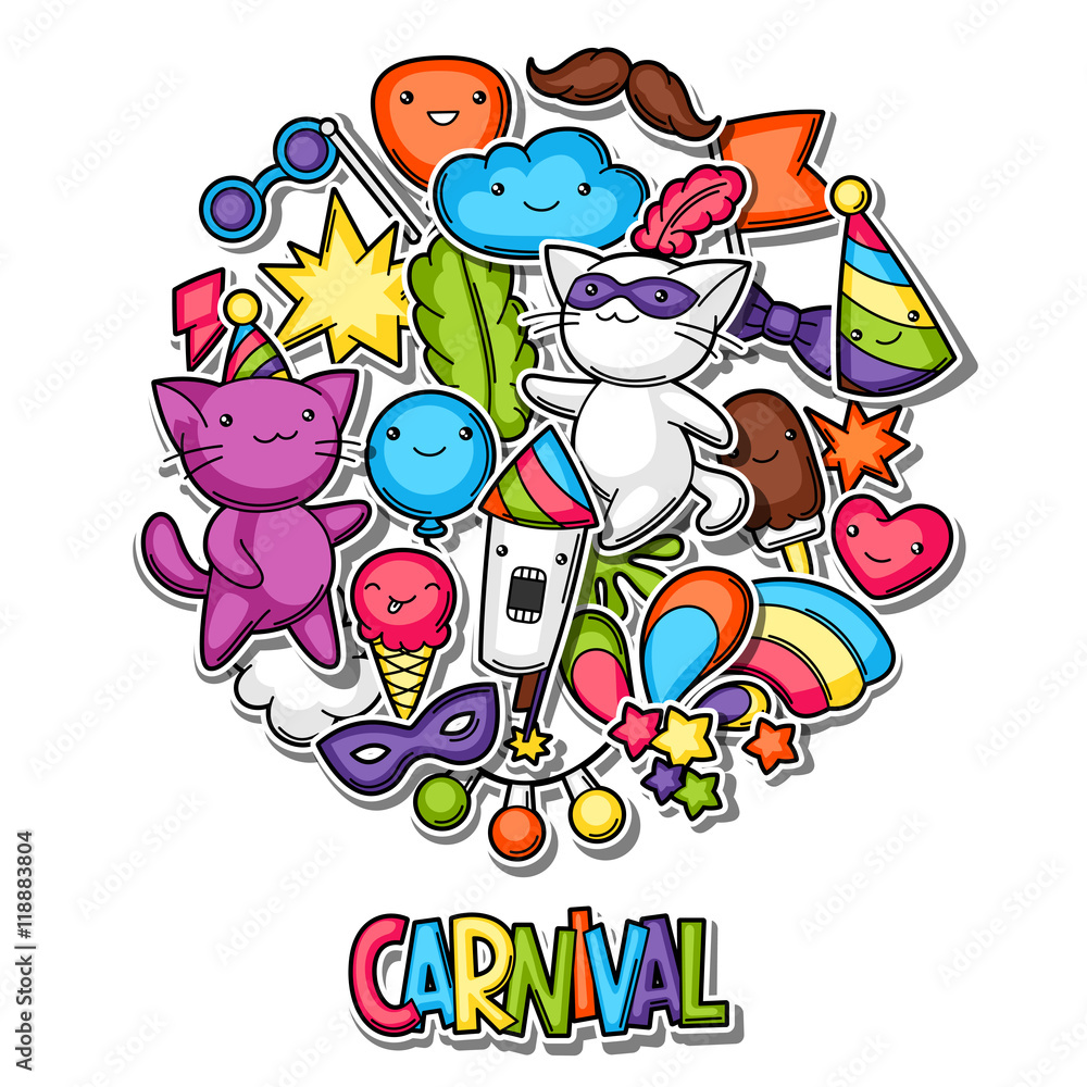 Carnival party kawaii background. Cute sticker cats, decorations for celebration, objects and symbols