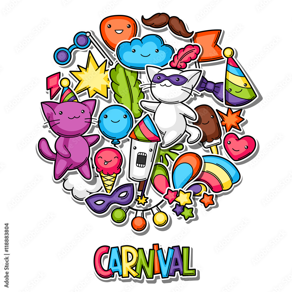Carnival party kawaii background. Cute sticker cats, decorations for celebration, objects and symbols Carnival party kawaii background. Cute sticker cats, decorations for celebration, objects and symbols