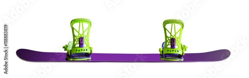 Back view of snowboard with bindings isolated on white background