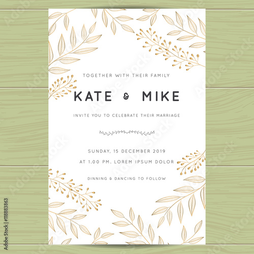Save the date, wedding invitation card template with golden flower floral background.Vector illustration.