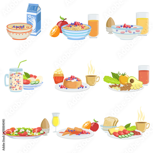 Different Breakfast Food And Drink Sets