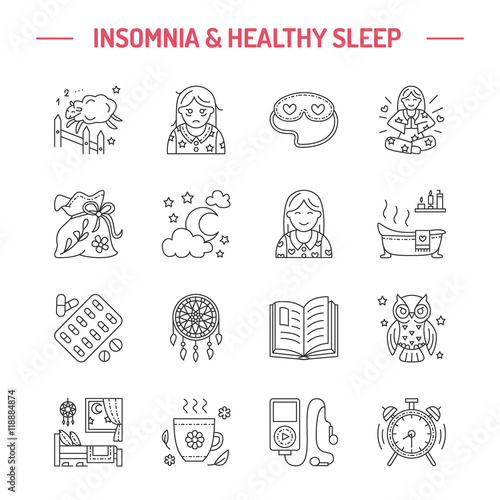 Modern vector line icon of insomnia problem and healthy sleep. Elements - clock, pillow, pills, dream catcher, counting sheep. Linear pictogram with editable stroke for sites, brochures about insomnia