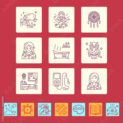 Modern vector line icon of insomnia problem and healthy sleep. Elements - clock, pillow, pills, dream catcher, counting sheep. Linear pictogram with editable stroke for sites, brochures about insomnia