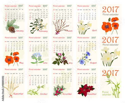 2017Romantic floral calendar with realistic beautiful flowers.