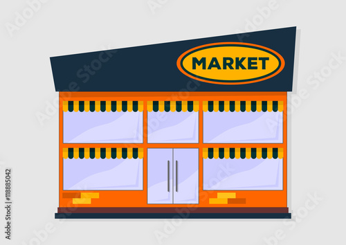 Building of market with wide windows. Facade of market building. Flat vector illustration.