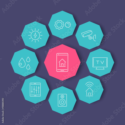 Smart House linear icons set on geometric octagon shapes