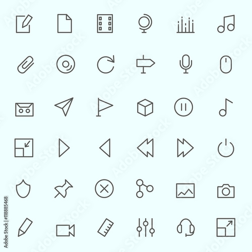 Media icons, simple and thin line design